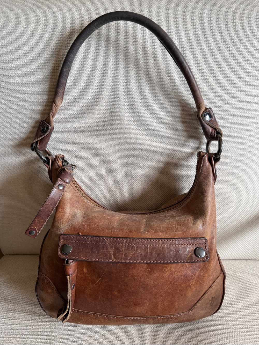 Frye Melissa Small Hobo Bag distressed washed brown leather